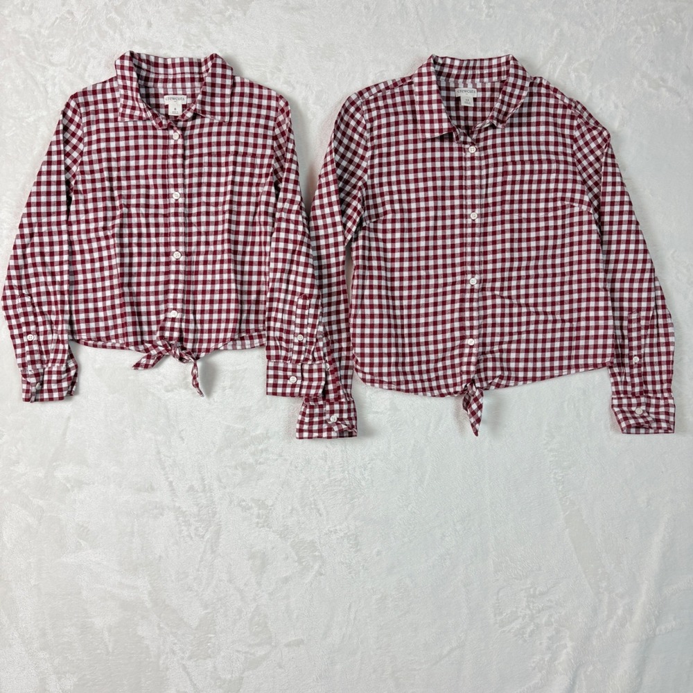 Crewcuts Flannel Tie‎ Front Shirts Kids 8 & 12 Burgundy Gingham Excellent Set